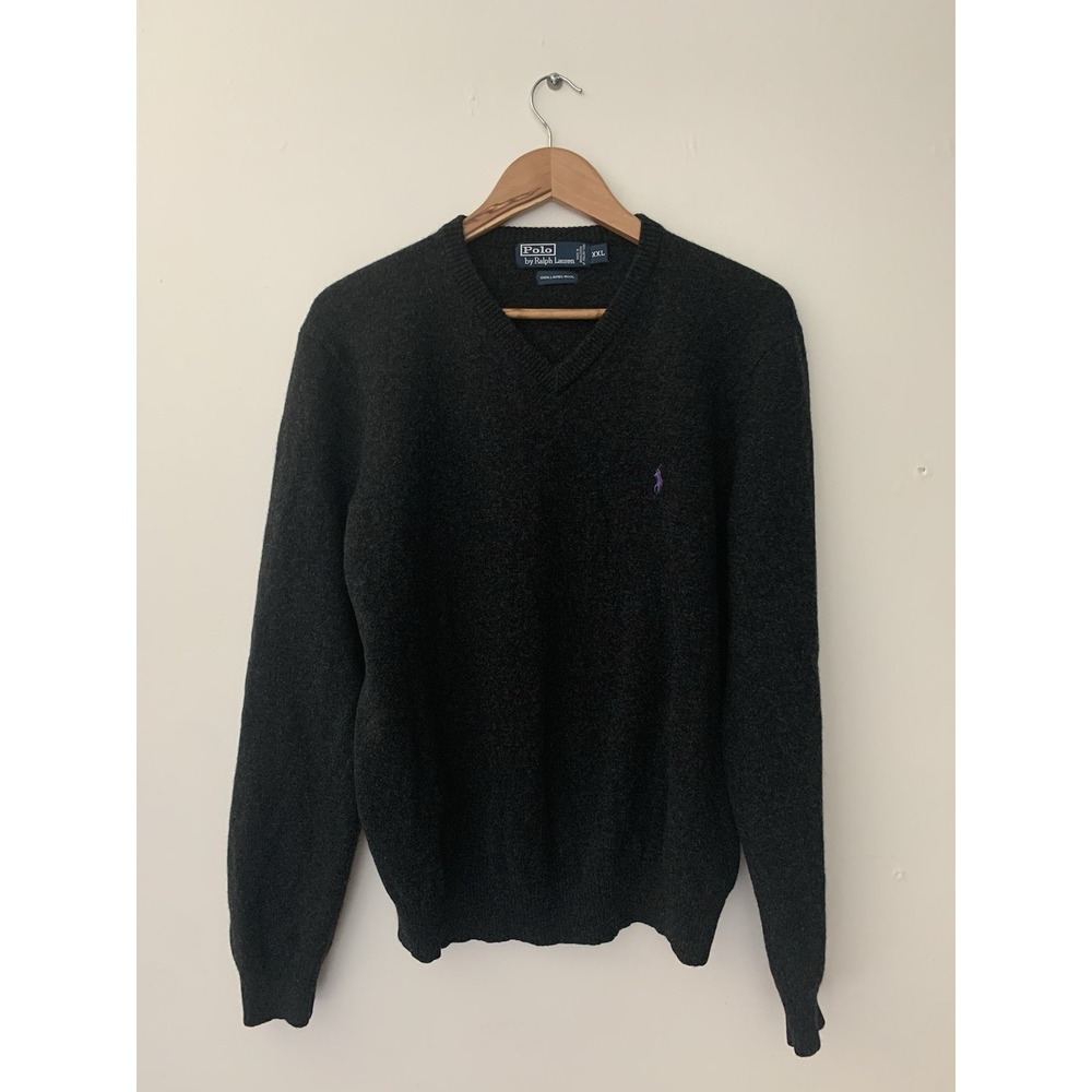 Polo Ralph Lauren Vneck Pullover Men's XXL 100% Lambswool Purple Pony Charcoal